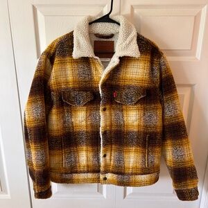 Levi's Yellow and Brown Plaid Sherpa Jacket Medium